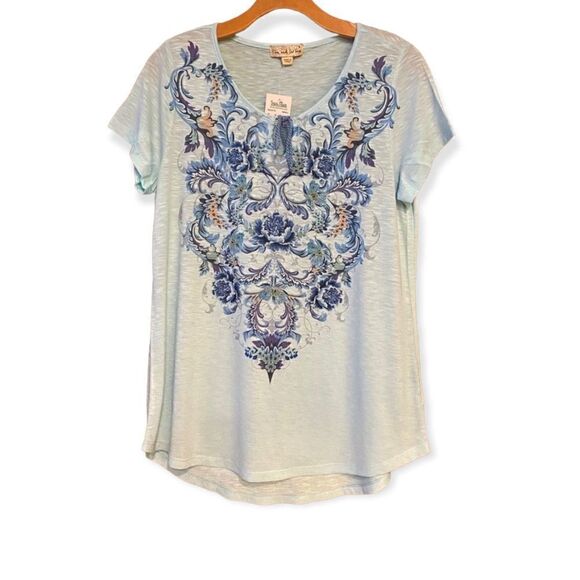 Turquoise NWT Sz S Turquoise Paisley Ocean Casual Lace Up Top - Picture 1 of 9